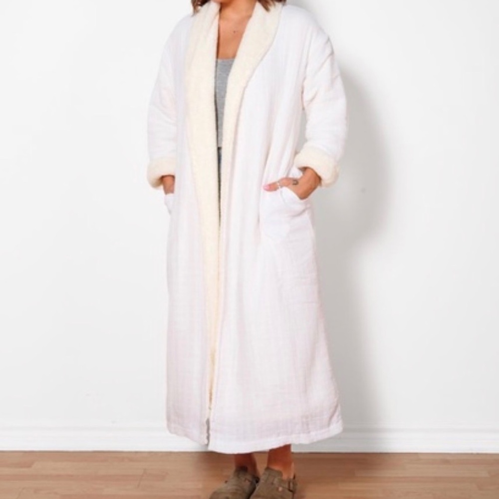 Plush Long Cream Women's Robe with Sherpa Trim